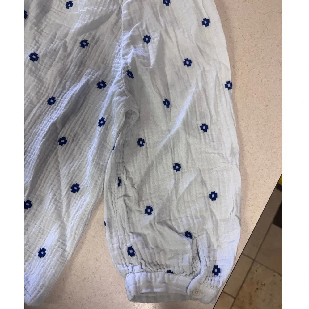 Madewell White Blue Embroidered Double Gauze Button Back Puff Sleeve Top M